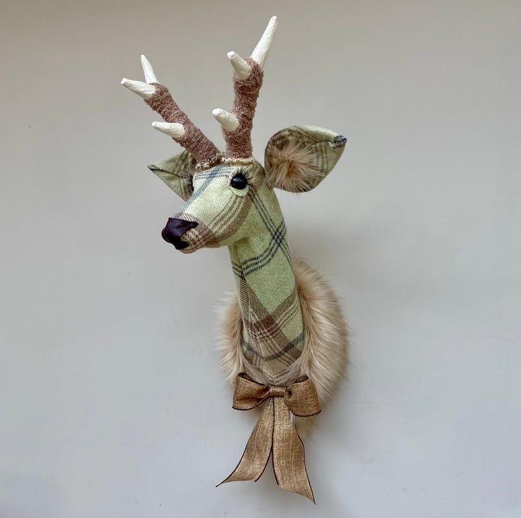 Handmade faux taxidermy olive green check stag ... - Folksy