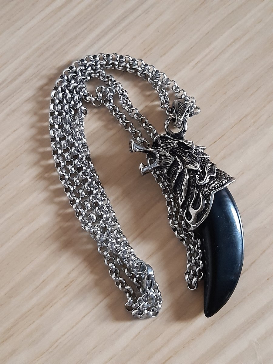 Black agate wolf pendant on chain