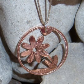 Flower pendant recycled from bronze penny coin