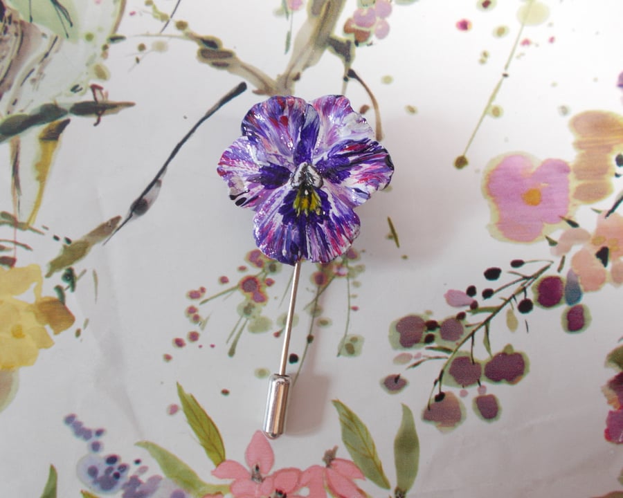  PURPLE PANSY PIN Viola Pansy Remembrance Lapel Flower Pin HANDMADE HANDPAINTED