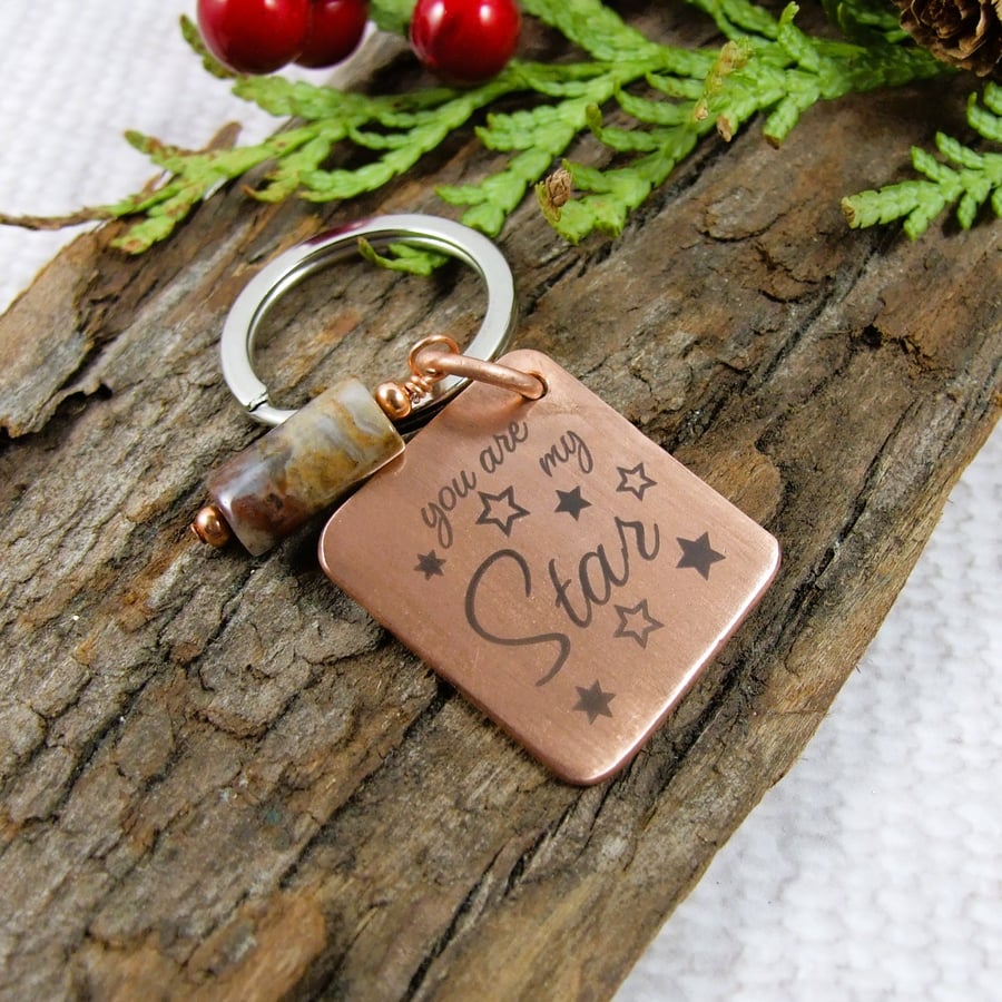 Keyring, Hammered Copper with Engraved Message and Agate Gemstone