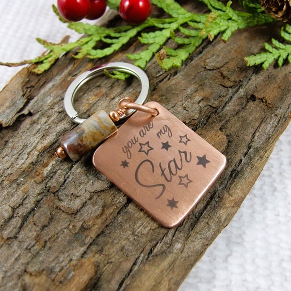 Keyring, Hammered Copper with Engraved Message and Agate Gemstone