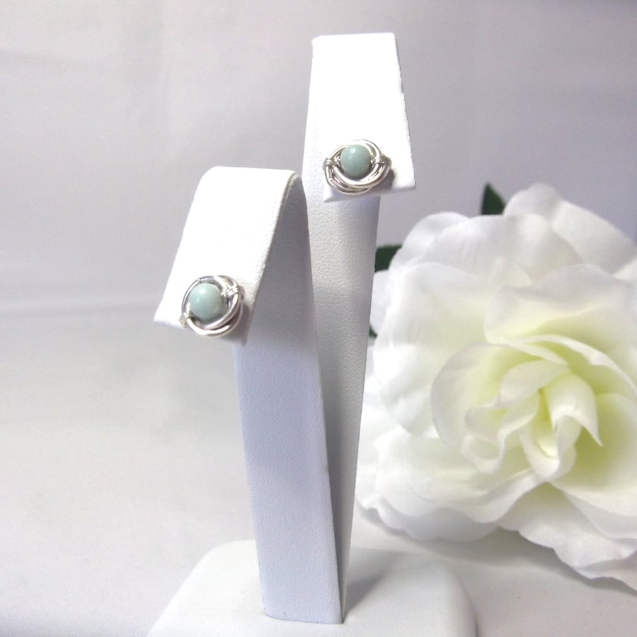 Amazonite gemstone stud earrings recycled silver ear post & butterfly back