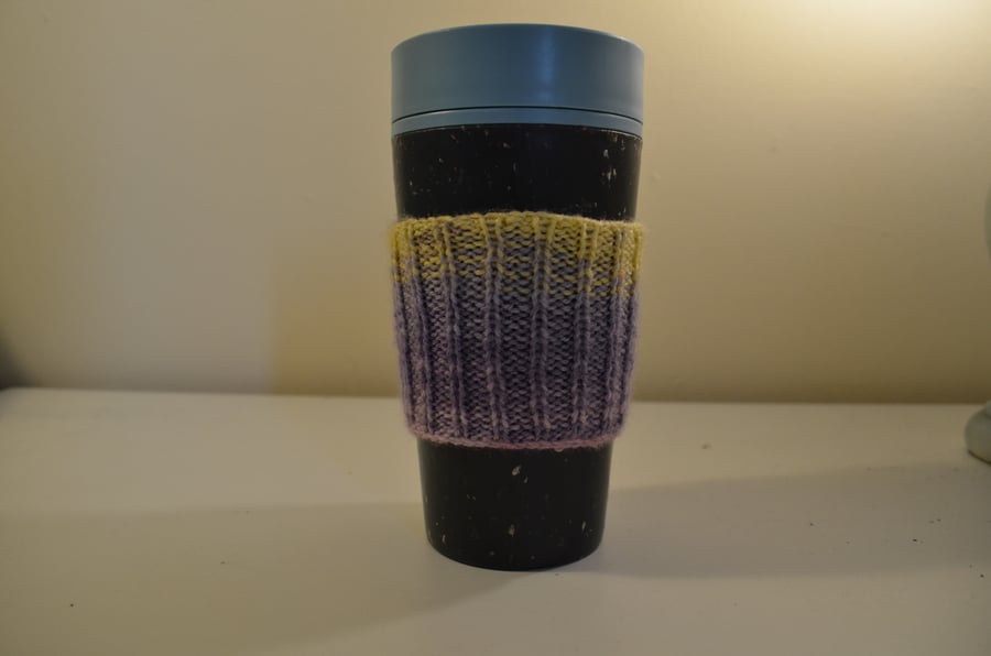 Pink, purple and yellow thin stripe cup cosy