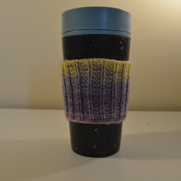 Pink, purple and yellow thin stripe cup cosy
