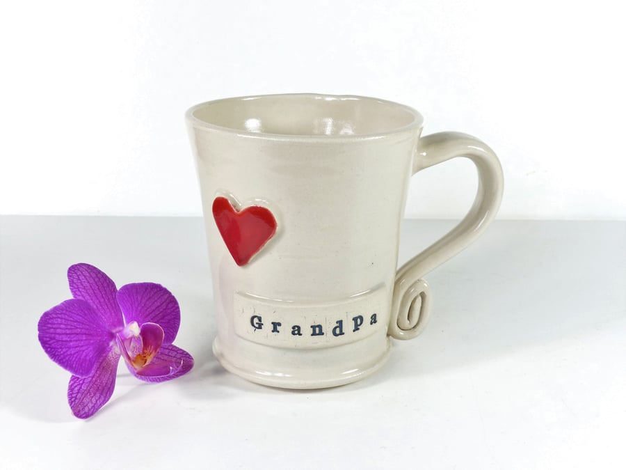 Love Grandpa White Mug Red Heart  Ceramic Pottery Handmade