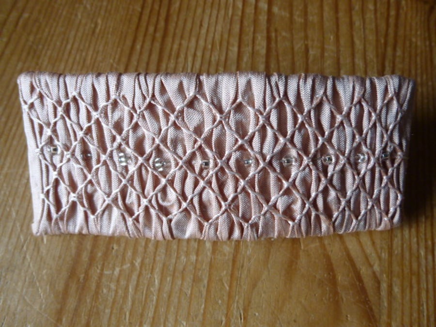 Hand Smocked and Beaded Pale Pink Silk Hair Clip, H1
