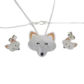 Fox jewellery set, large pendant and stud earrings (sterling silver)