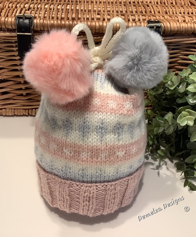 Large Size Child Hand Knitted Fairisle Pom Pom Hat 22"inches 3 Years Plus 