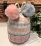 Large Size Child Hand Knitted Fairisle Pom Pom Hat 22"inches 3 Years Plus  - Image 1