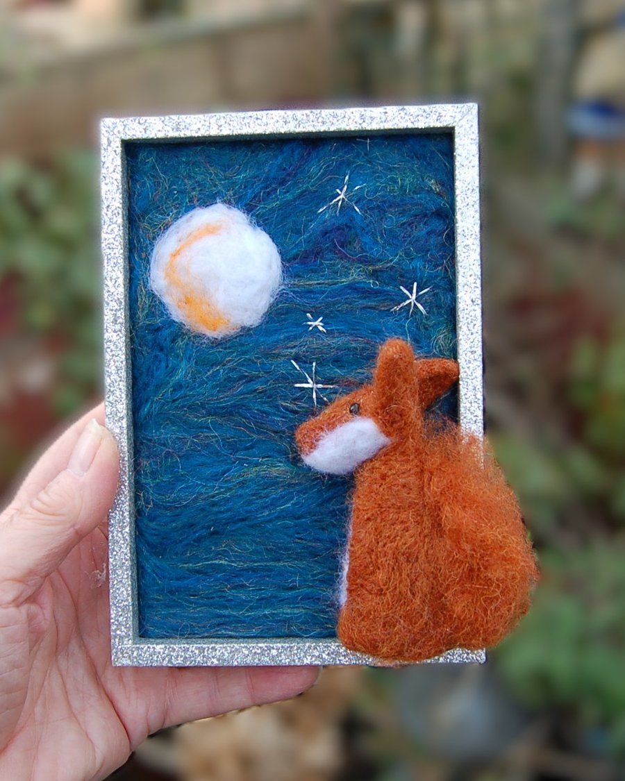  Moon gazing fox - nursery picture - needle felt, wool decoration - 