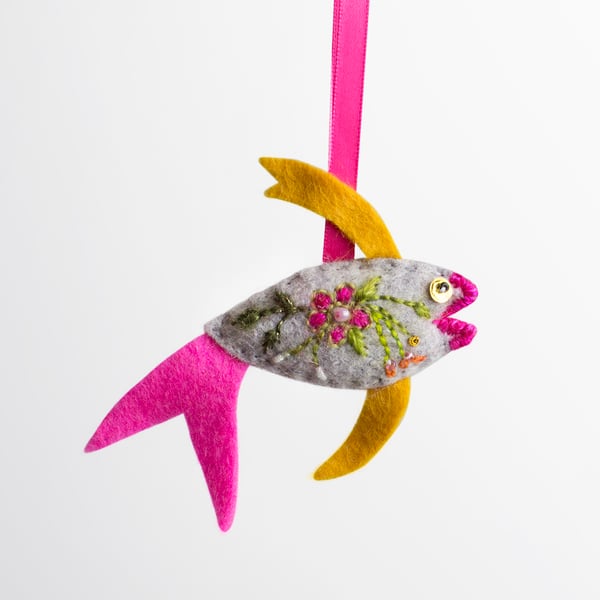 Grey hand embroidered small fish-shaped bag charm or keyring called Gilbert