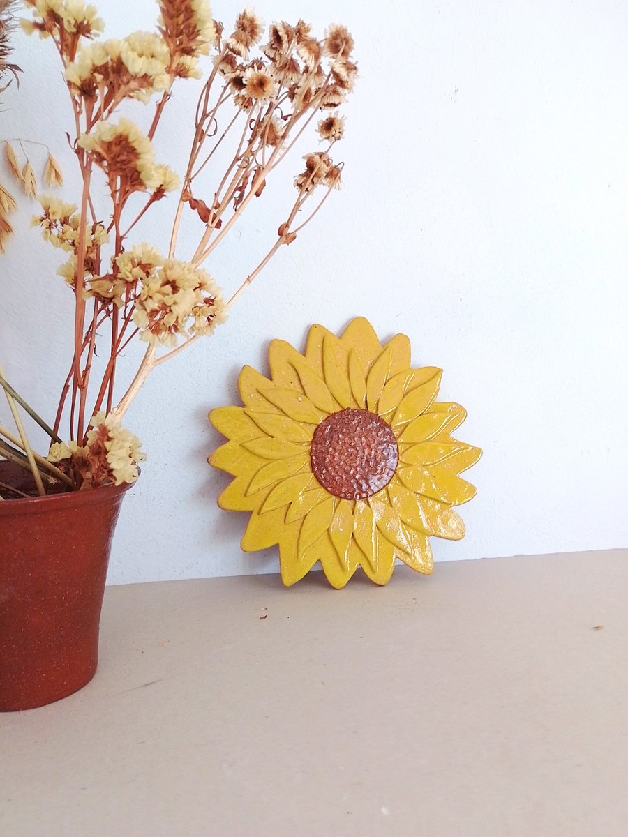 Pottery Sunflower wall hanging, Sunflower wall art , Ceramic sunflower plaque