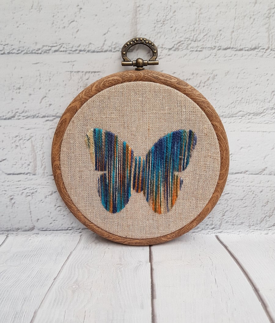 Blue Butterfly Embroidery Hoop, Variegated Butterfly Embroidery, Hand Embroidery