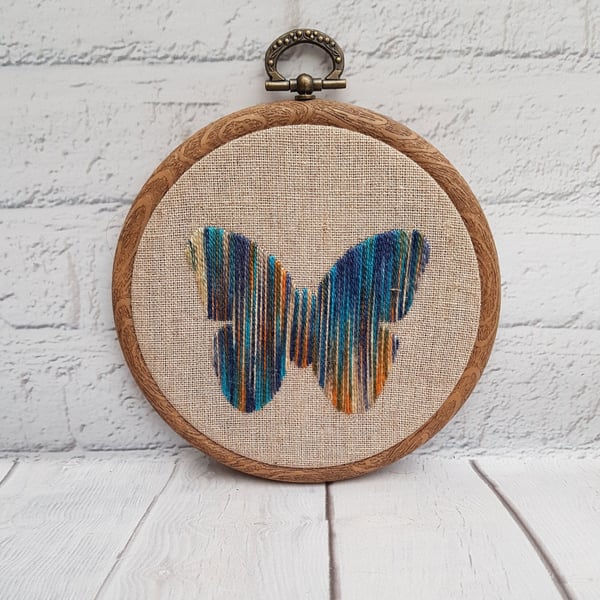 Blue Butterfly Embroidery Hoop, Variegated Butterfly Embroidery, Hand Embroidery
