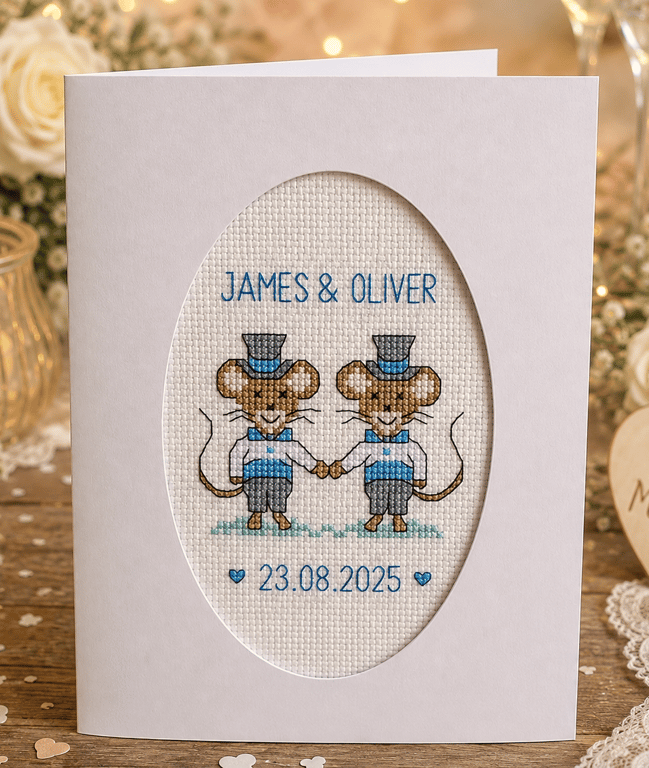 Personalised Gay Wedding Card, Handmade Cross Stitch , Groom & Groom Mice, 