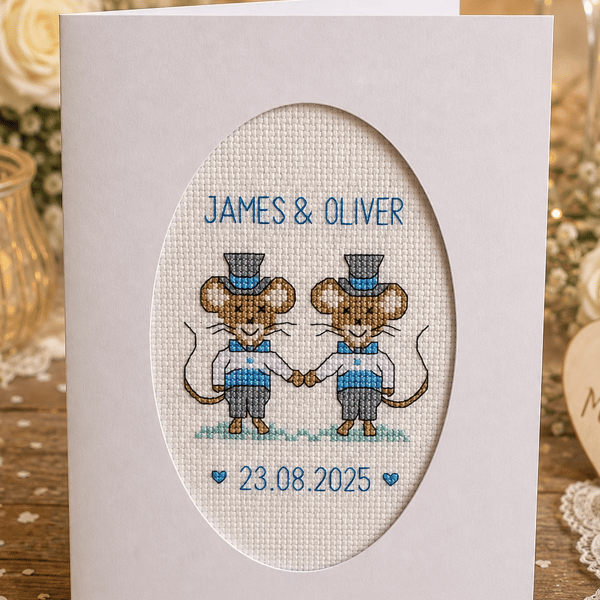 Personalised Gay Wedding Card, Handmade Cross Stitch , Groom & Groom Mice, 