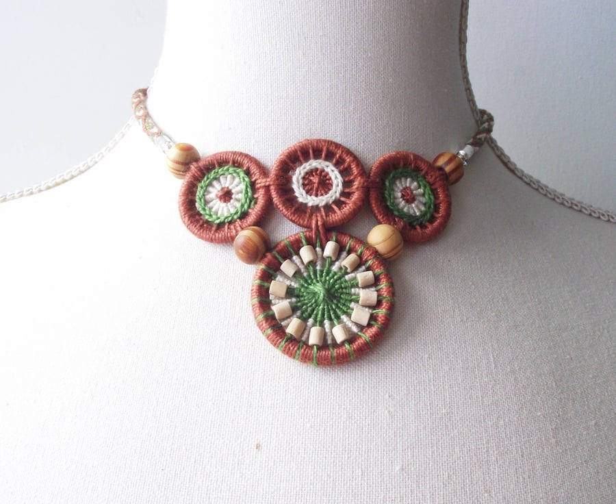 Dorset Button Statement Necklace with Kumihimo Braid, Brown, Cream, Green