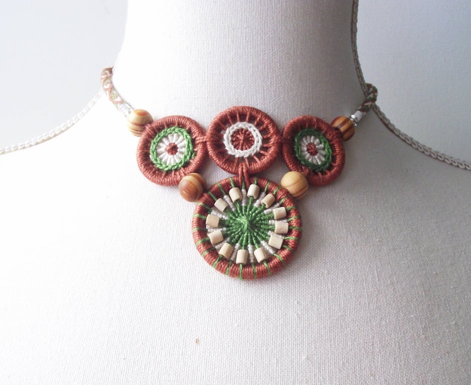Dorset Button Statement Necklace with Kumihimo Braid, Brown, Cream, Green