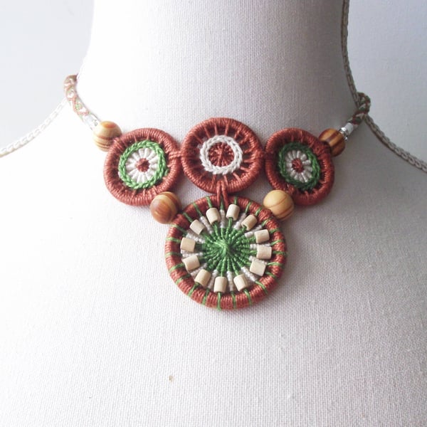 Dorset Button Statement Necklace with Kumihimo Braid, Brown, Cream, Green