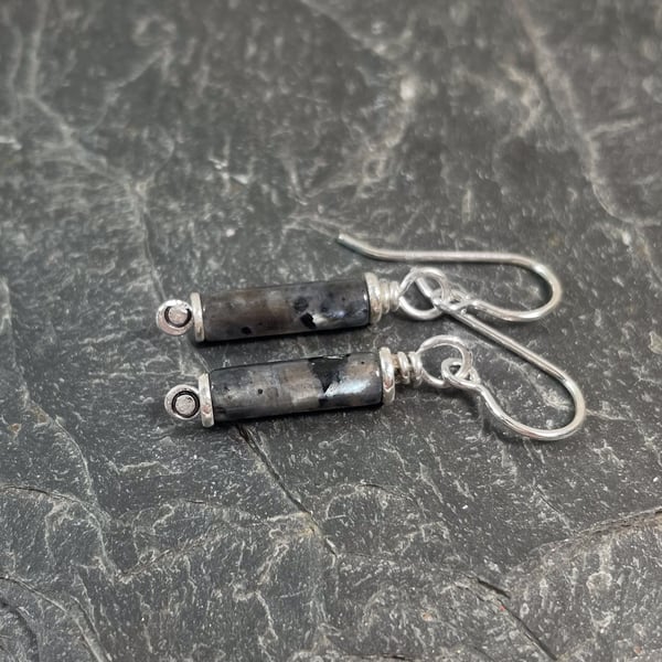 Scrolls black labradorite larvikite silver earrings