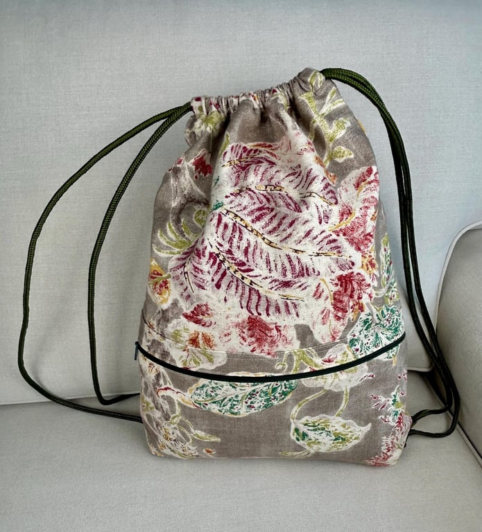 Floral Drawstring Backpack, Botanical Print Gym Bag, Fabric Cinch Sack, Boho Cas