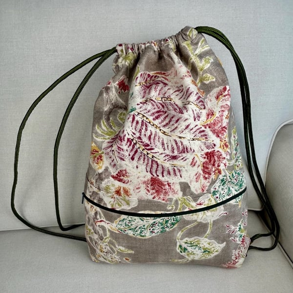 Floral Drawstring Backpack, Botanical Print Gym Bag, Fabric Cinch Sack, Boho Cas