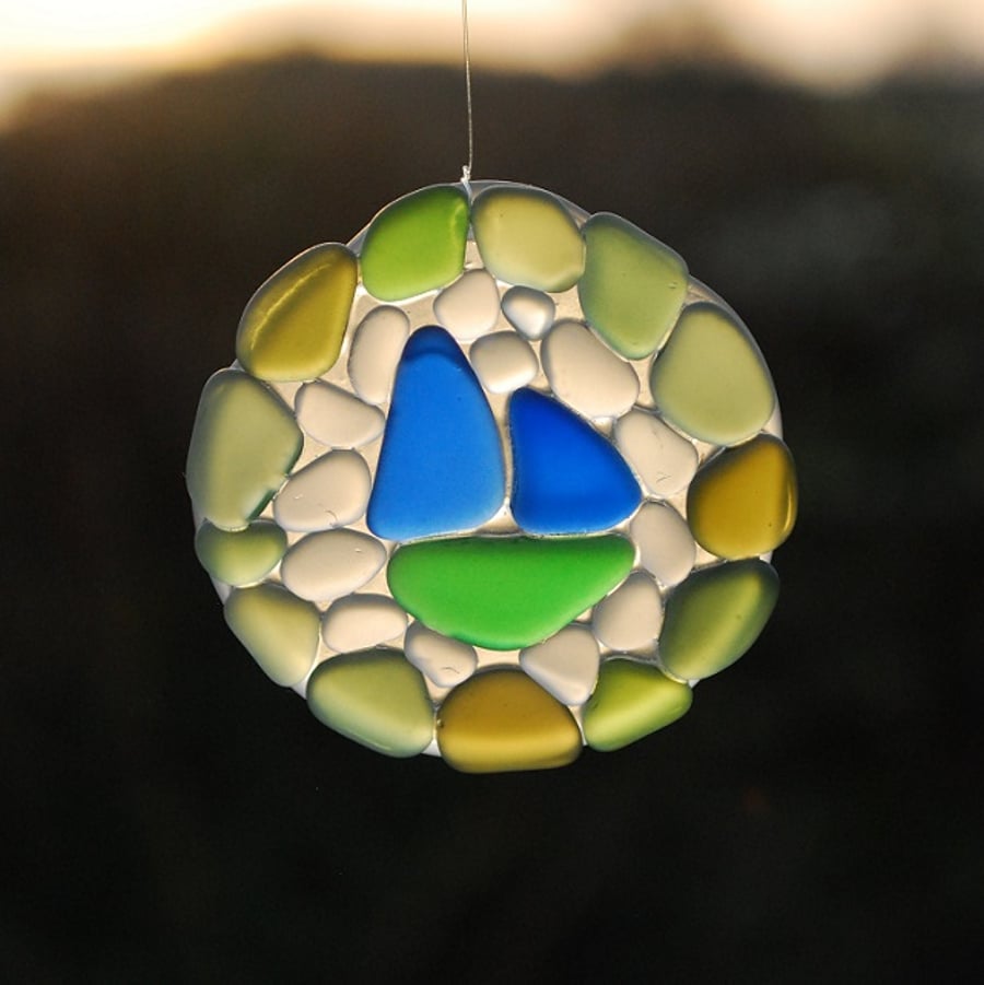 Recycled glass mosaic sun catcher with boat