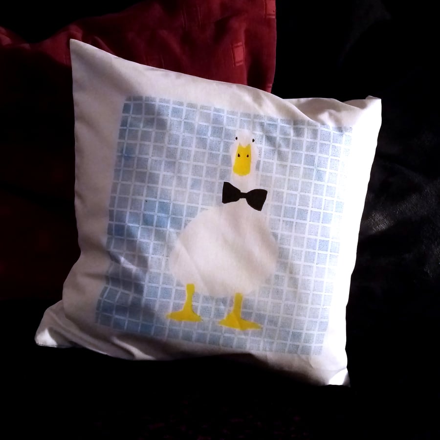Hand-printed Dapper Duck Cotton Cushion Cover, 45cm (18") approx Square Cushion
