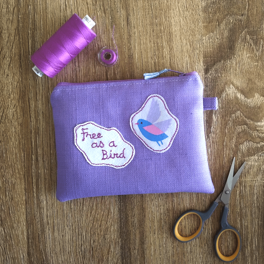 Lilac, ‘Free as a Bird’, small, zipped pouch, make up bag, POSTAGE INCLUDED