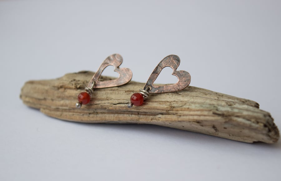 Valentine's Heart Copper Earrings, Oxidised with Carnelian Beads Seconds Sunday