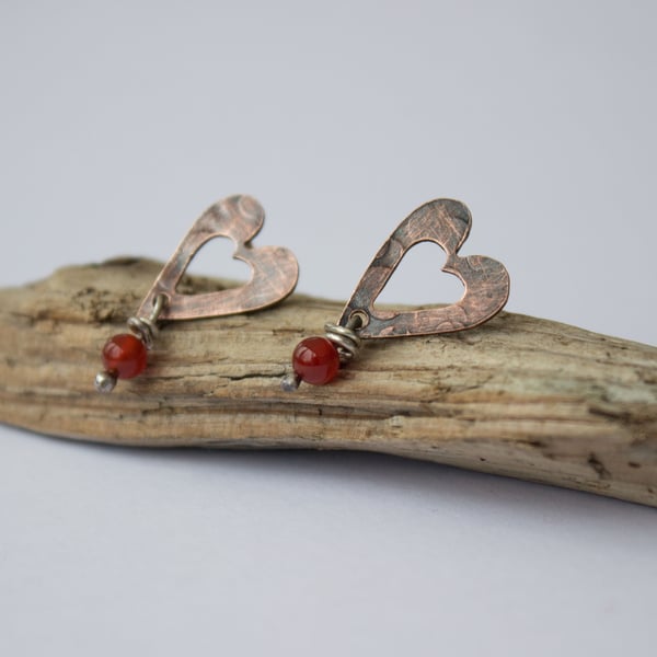 Valentine's Heart Copper Earrings, Oxidised with Carnelian Beads Seconds Sunday