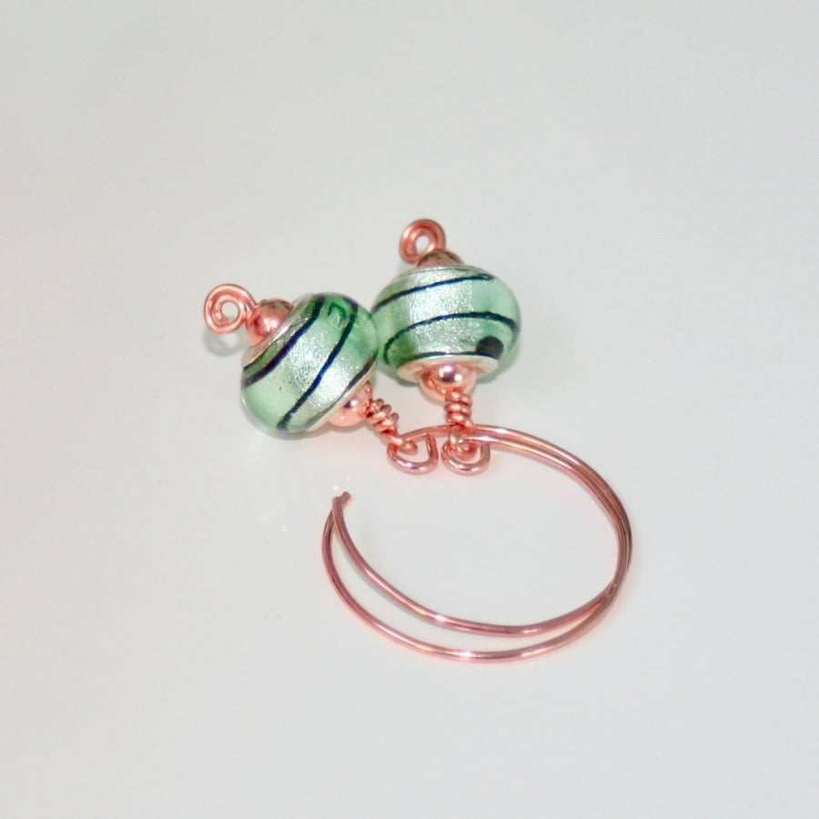 Mint green glass and copper hoop earrings