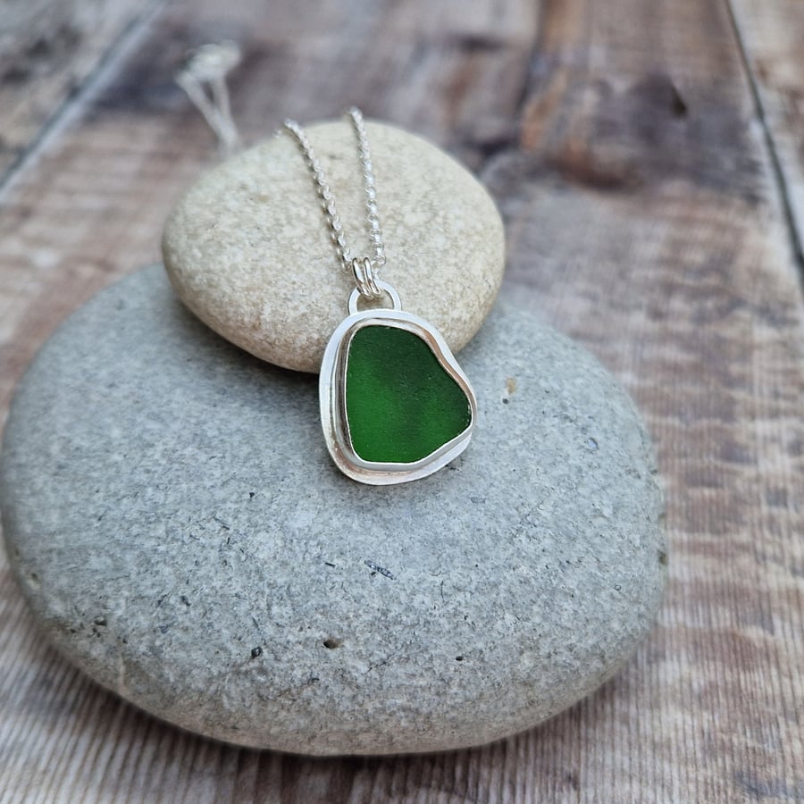 Sterling Silver Green Sea Glass Pendant Necklace with Dolphin Cut Out