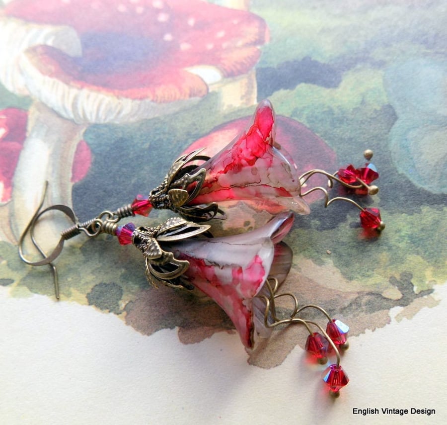 Crimson Red and Mushroom "FORAGING" Hand Painted Lucite Flower Earrings