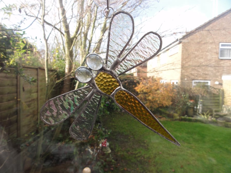 Stained Glass Dragonfly Suncatcher - Amber 