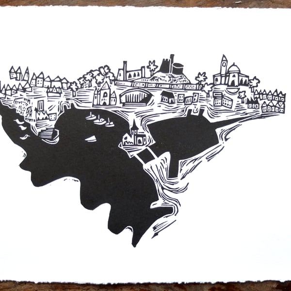 Cardiff Bay and Castle - lino print