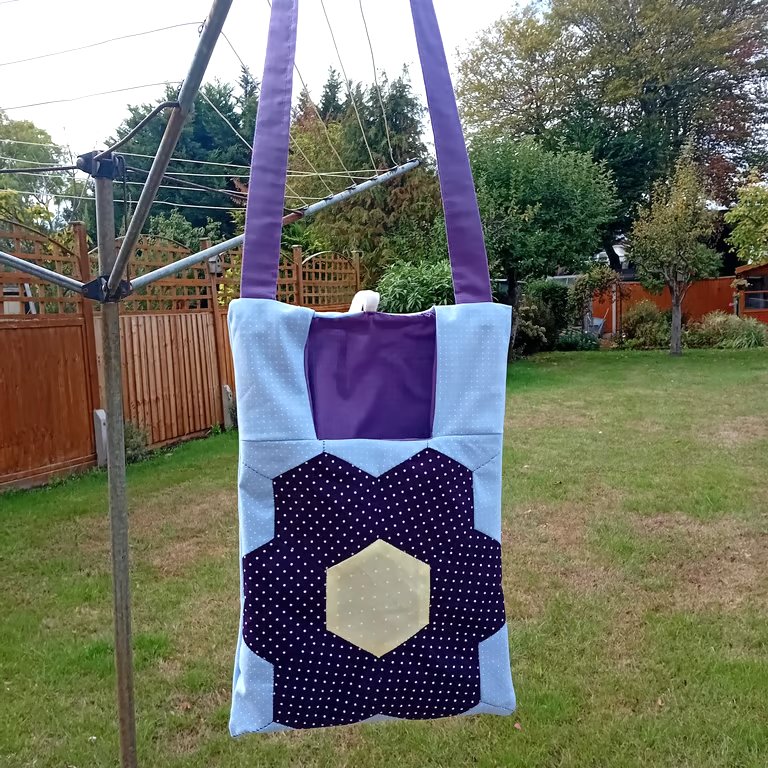 Patchwork peg bag with shoulder strap. Purple, yellow & blue with white spots. 