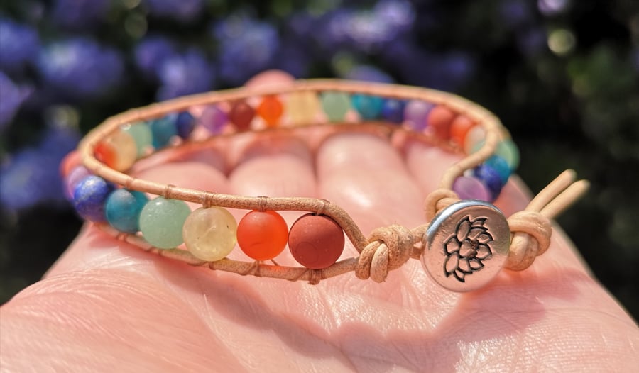 Chakra matt gemstone bead and leather bracelet with lotus flower button
