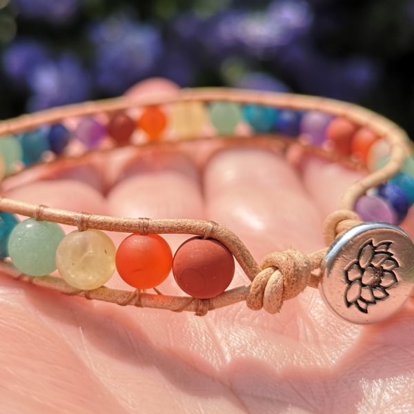 Chakra matt gemstone bead and leather bracelet with lotus flower button
