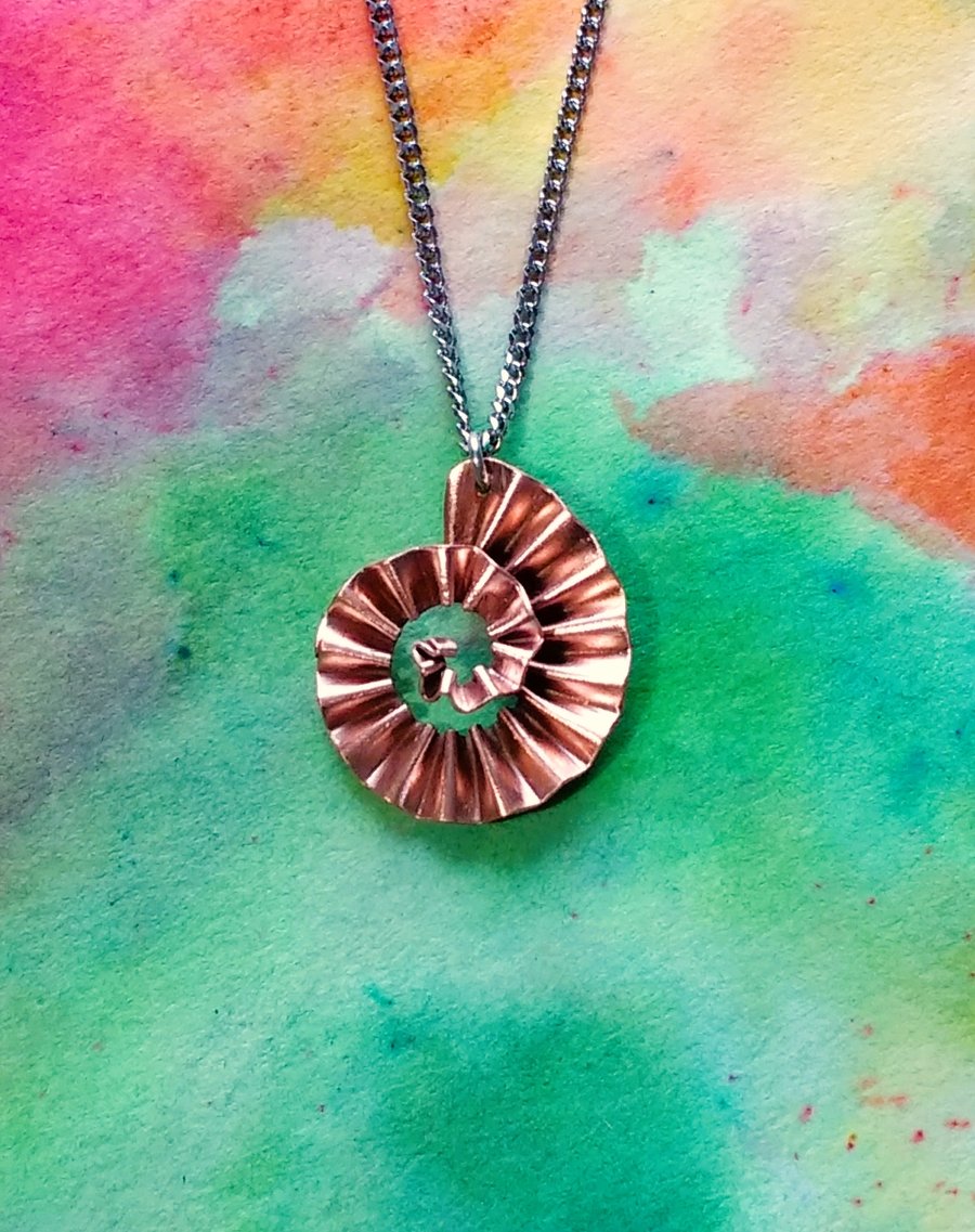 Copper Ammonite Spiral Pendant with 16" Curb Chain