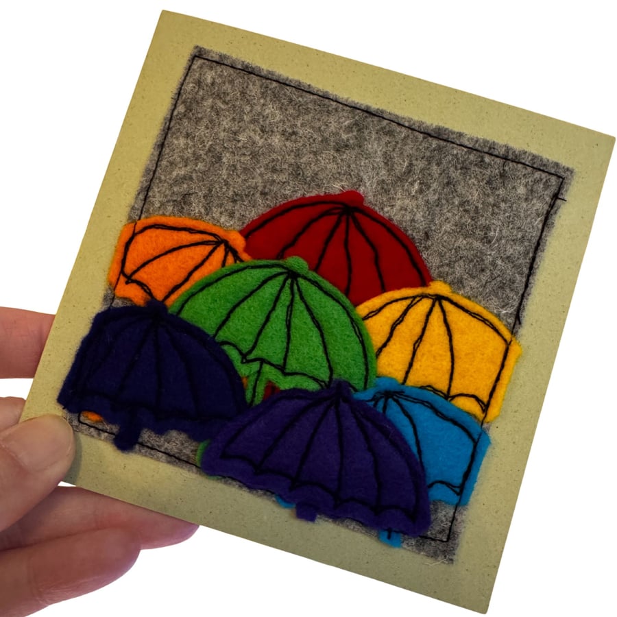Rainbow Umbrellas - Felt Freehand Embroidery Card