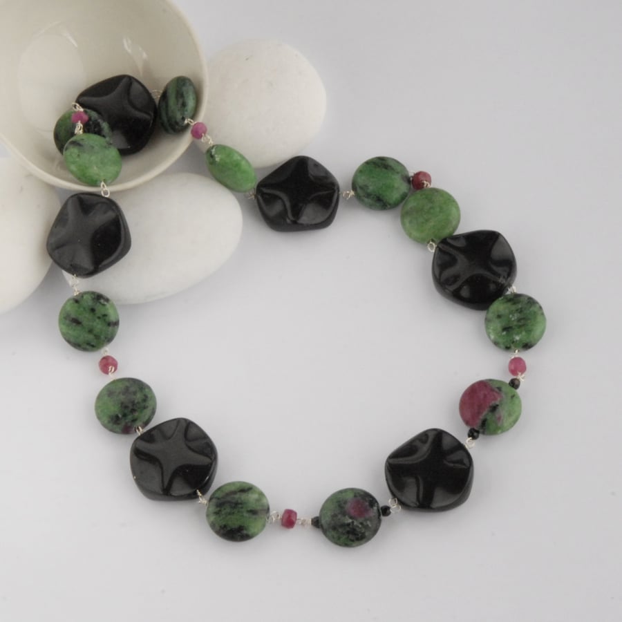 ruby zoisite and onyx beaded sterling silver necklace (green, pink, red, black)