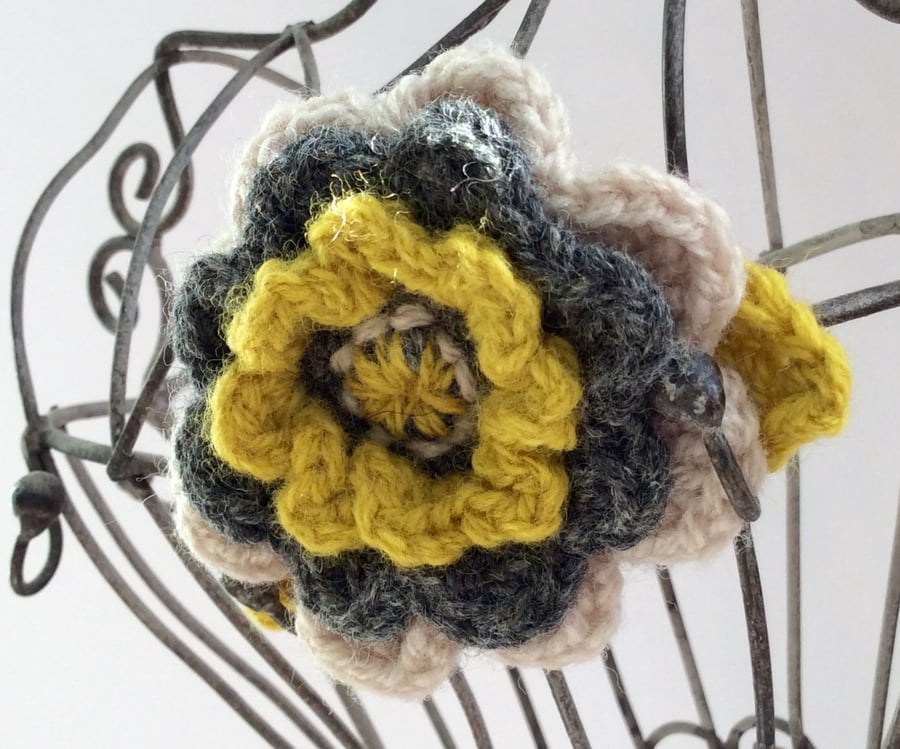 Flower Brooch. Wool hand Crocheted large flower brooch in pure new wool.