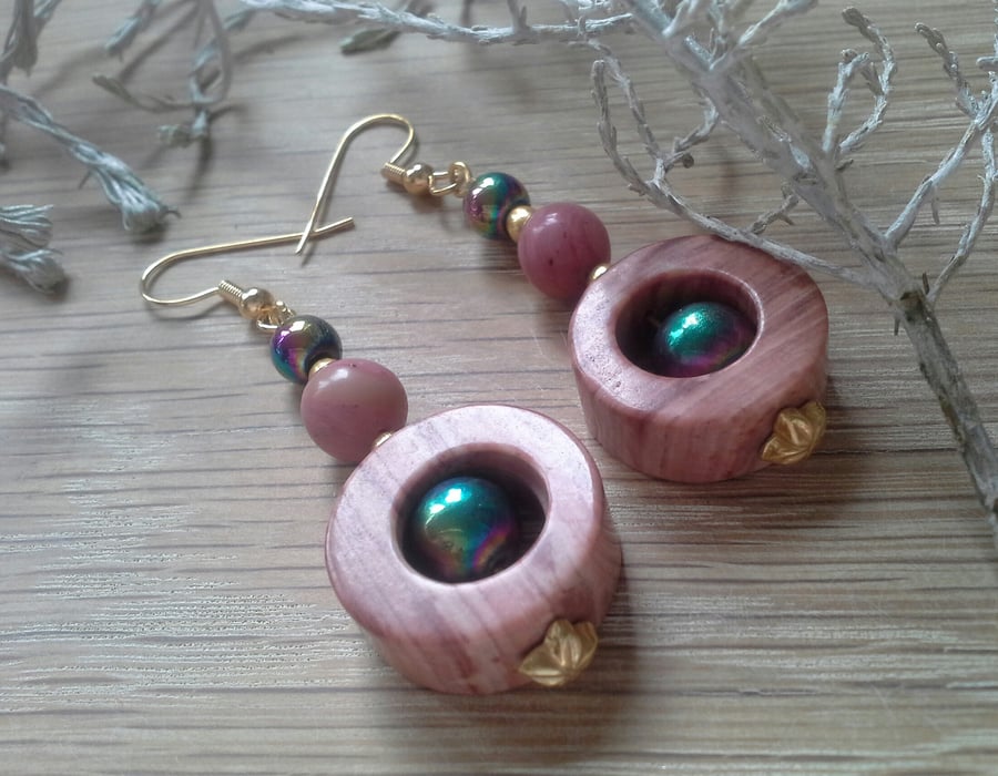 Pink Jasper & Rainbow Heamotite Gold Plated Earrings