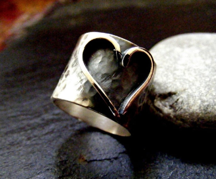 Silver hammered ring with heart , silver heart ring