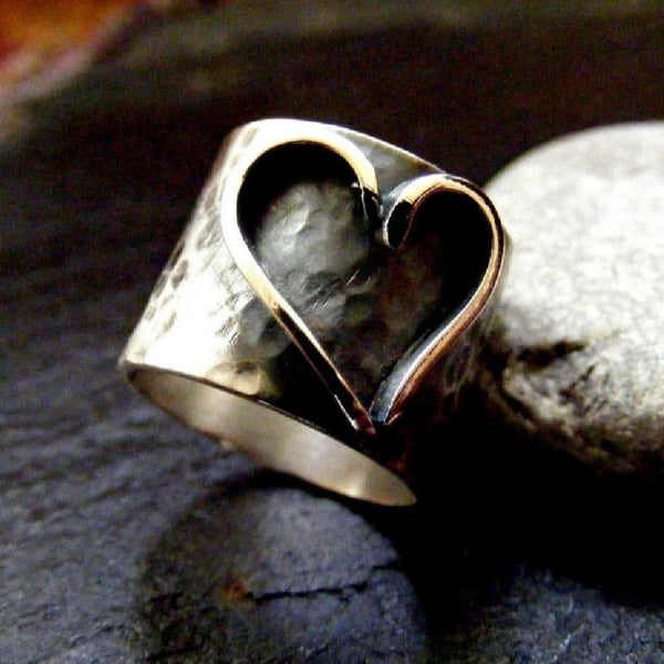 Silver hammered ring with heart , silver heart ring