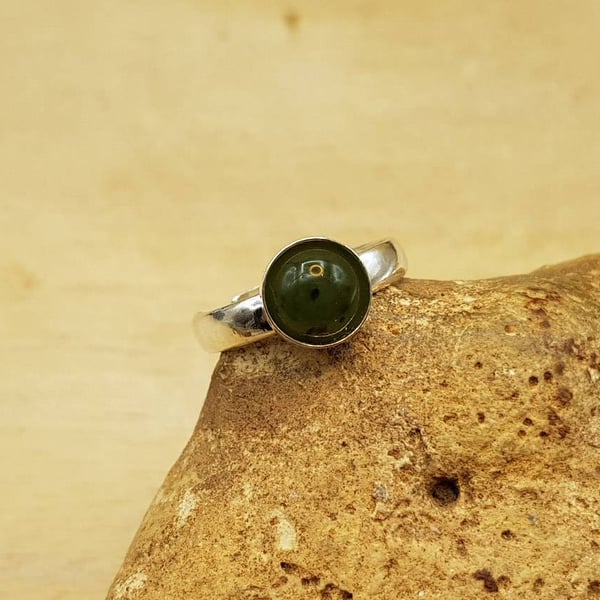 Simple round Nephrite Jade ring. 925 sterling silver. Green Reiki jewelry uk