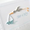 Birth congratulations card for new baby boy card with quilling stork