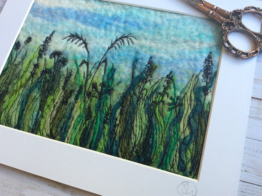 Felted hedgerow embroidered landscape. 